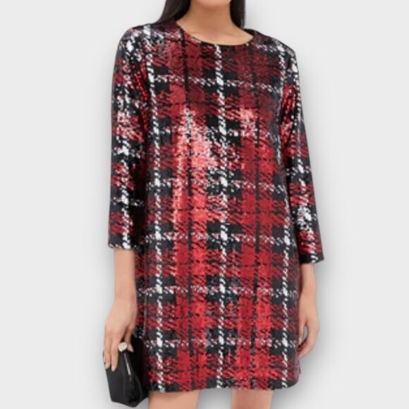 New! Tuckernuck Red Sequin Pierre Tartan Plaid Shift Dress with Pockets Sz Large - Picture 1 of 12